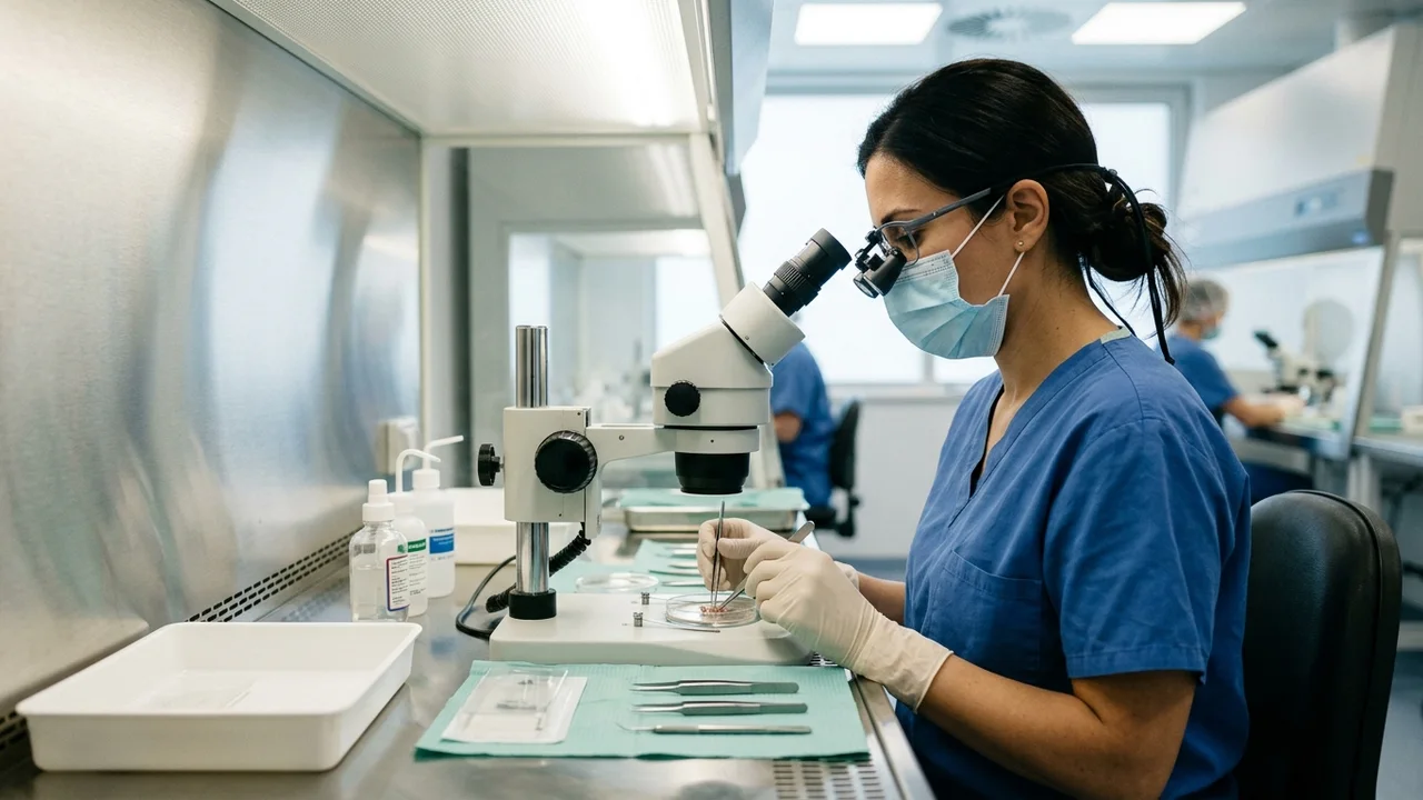 Hair transplant technician preparing grafts