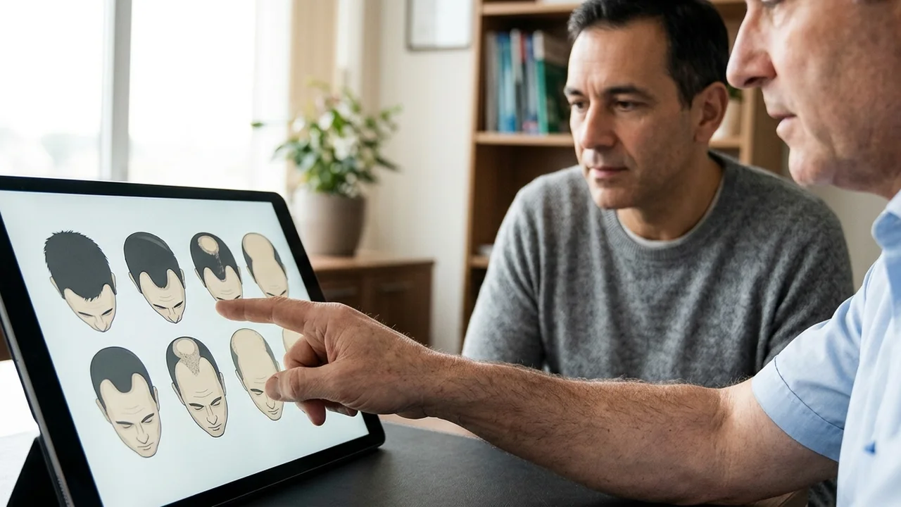Doctor explaining Norwood scale stages to a patient.