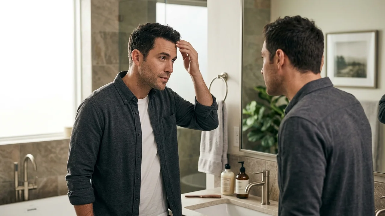 Man assessing his hair loss in a mirror.