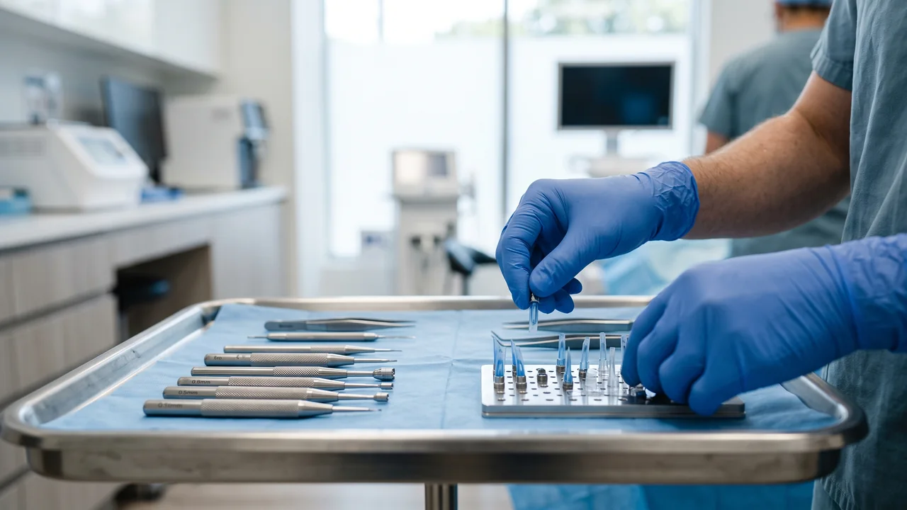 Hair transplant technician arranging sterile sapphire FUE blades on a tray