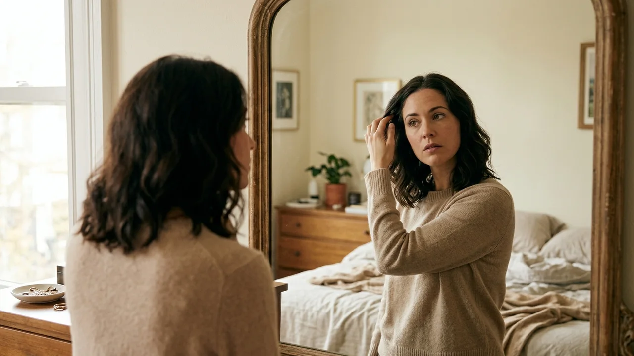 A person examining their hair in a mirror, reflecting on hair loss.