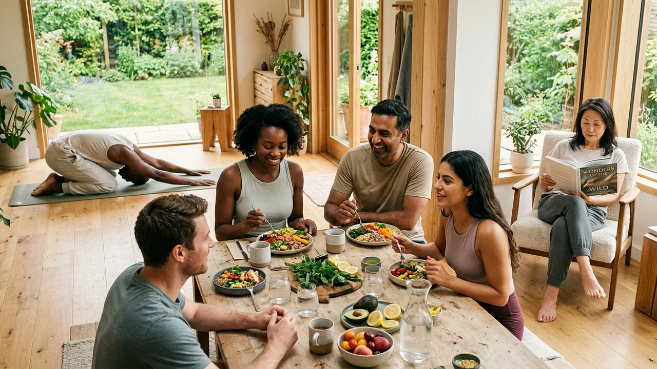 Diverse individuals engaging in healthy lifestyle activities such as eating a balanced meal and relaxing, representing factors that influence hair health.
