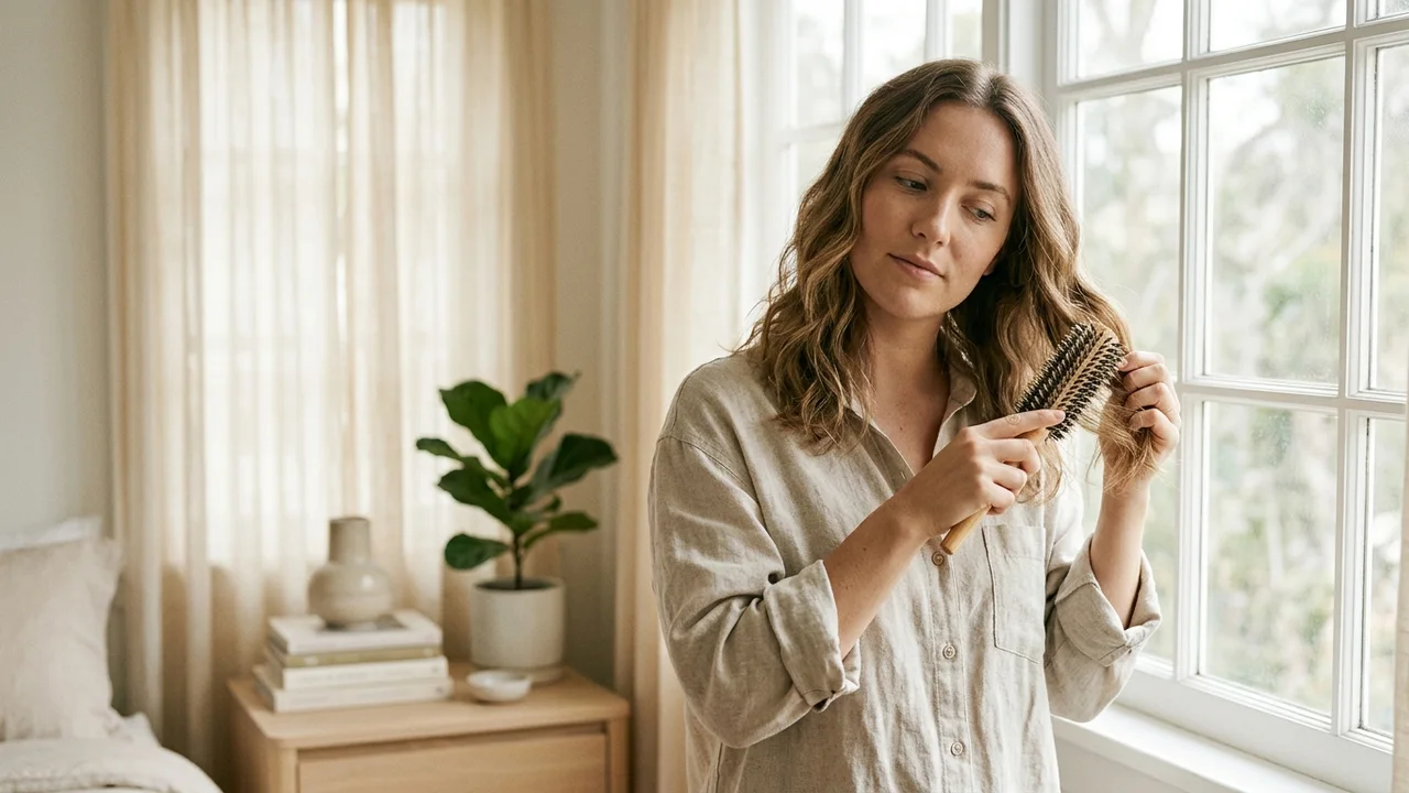 Person demonstrating gentle hair brushing to prevent hair loss.
