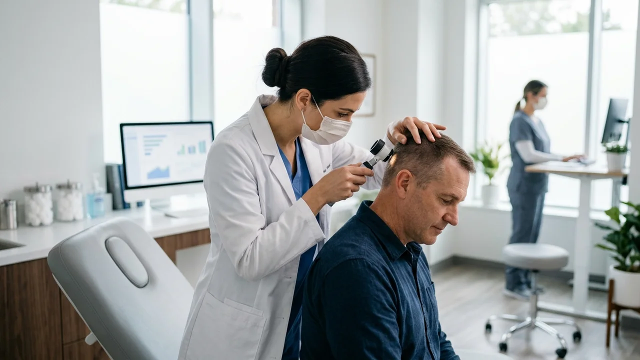 A doctor examining a patient's scalp for post-hair transplant assessment.