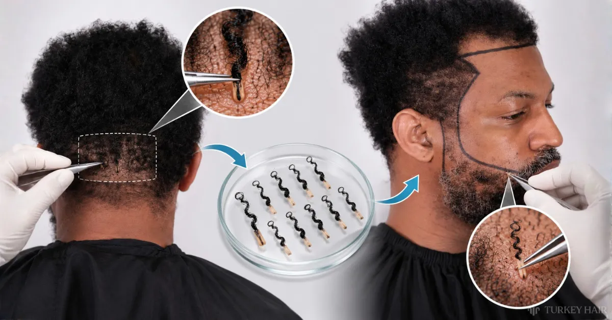 beard graft extraction, Afro beard grafts, facial hair transplant, donor area planning