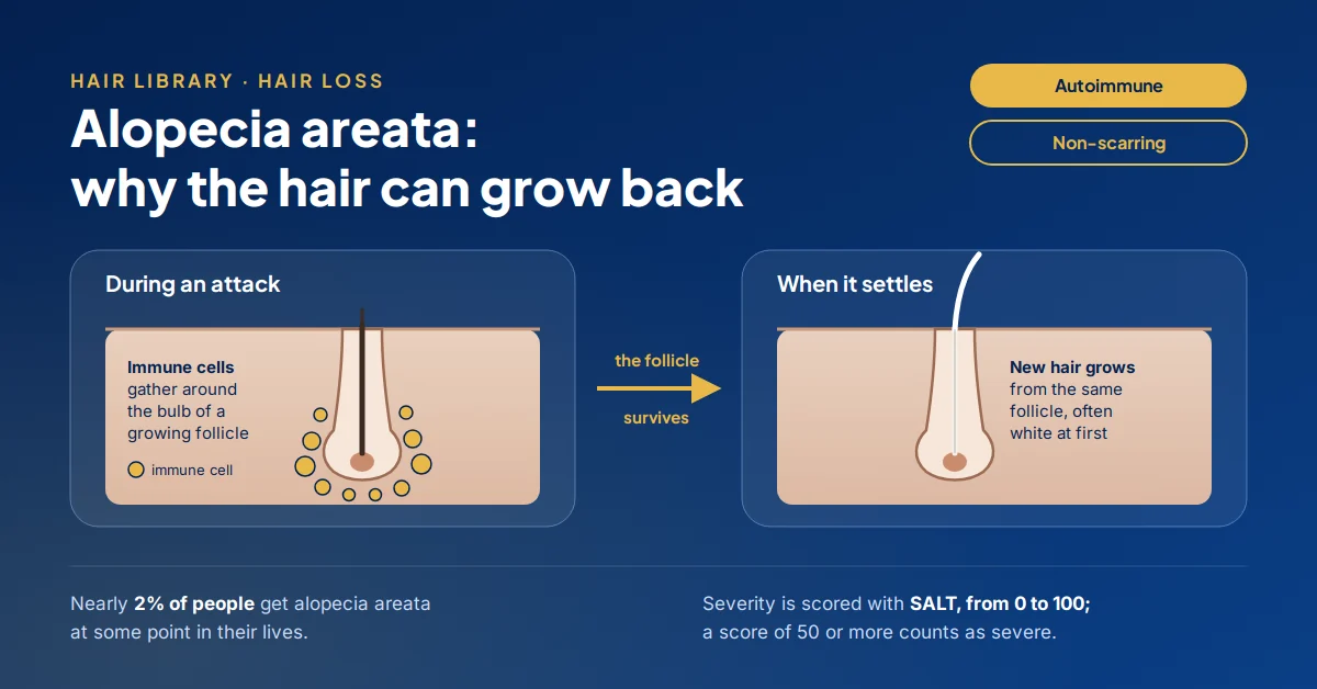 Diagram: in alopecia areata immune cells gather around the bulb of a growing hair follicle; the follicle survives, so new hair can grow back, often white at first