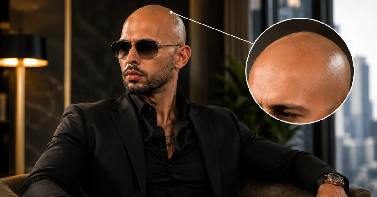 Andrew Tate's appearance with hair in his youth compared to his current shaved head.