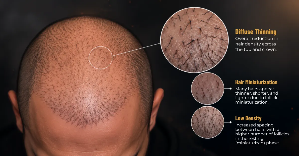 Gros plan du cuir chevelu d'Andrew Tate montrant une pousse de cheveux clairsemée et inégale, indicative d'une calvitie masculine naturelle.