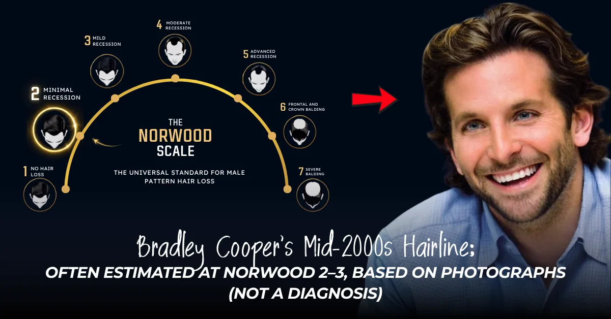 Norwood scale stages 1 to 7 beside Bradley Cooper's mid-2000s hairline, often estimated at Norwood 2 to 3 from photographs and not a diagnosis