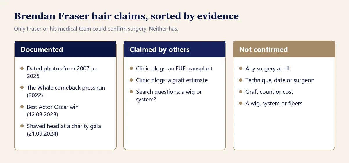 Brendan Fraser hair transplant claims sorted into documented, claimed by others and not confirmed