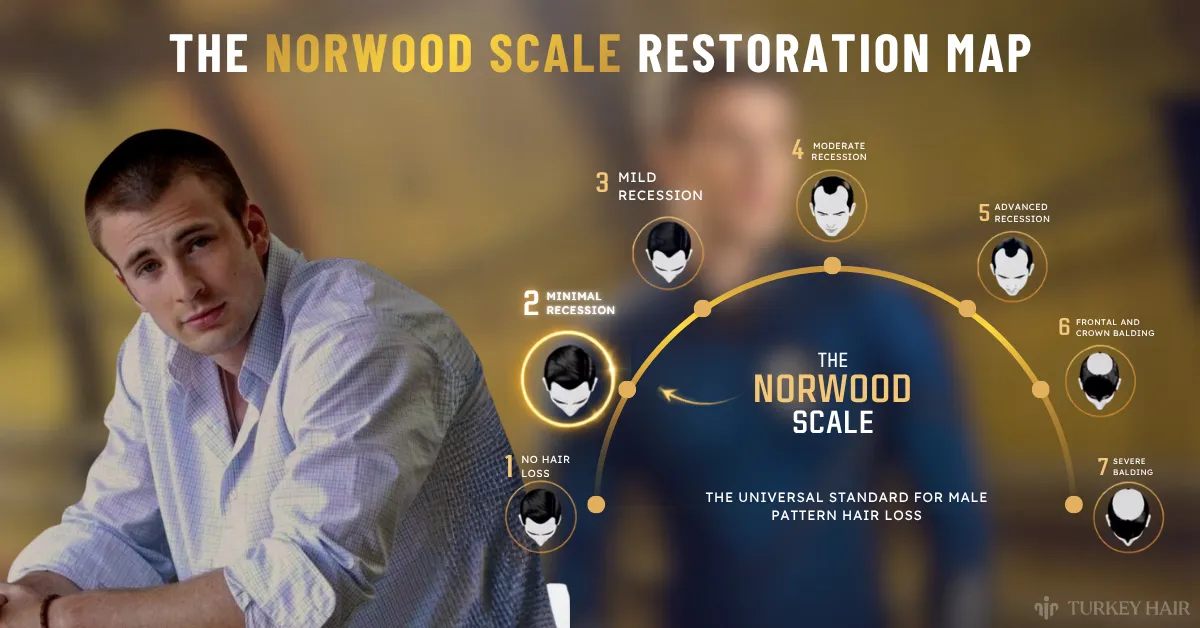 Chris Evans Norwood scale, Chris Evans hair loss stage, Chris Evans Norwood analysis, Chris Evans hair restoration map, hair transplant graft estimate, male pattern baldness analysis