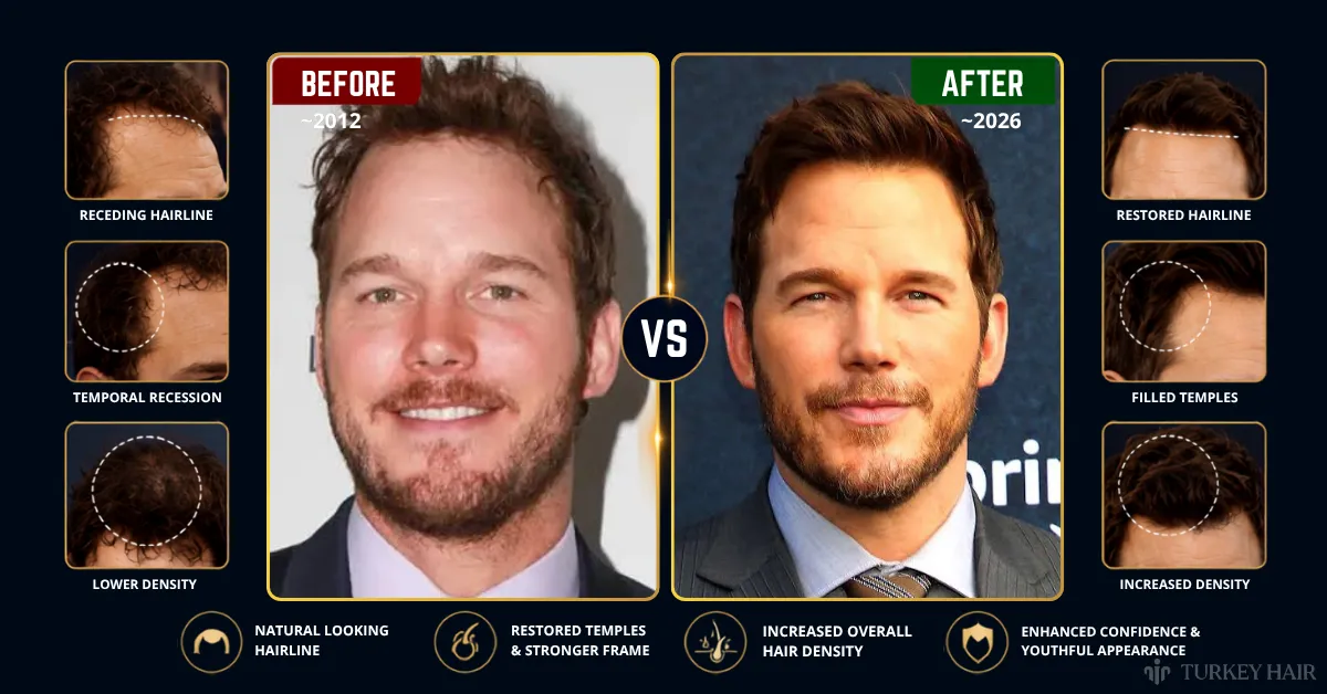 Analyse des résultats de la greffe de cheveux de Chris Pratt avant et après.