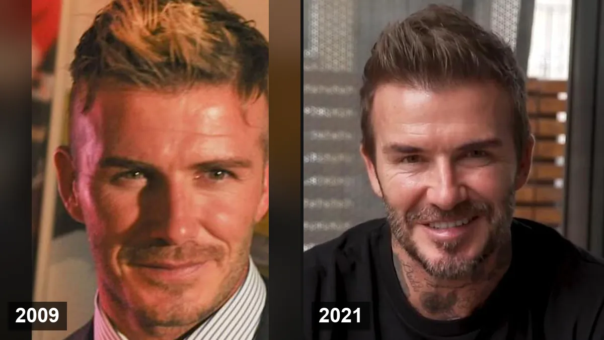 David Beckham en 2009 (à gauche) et en 2021 (à droite)