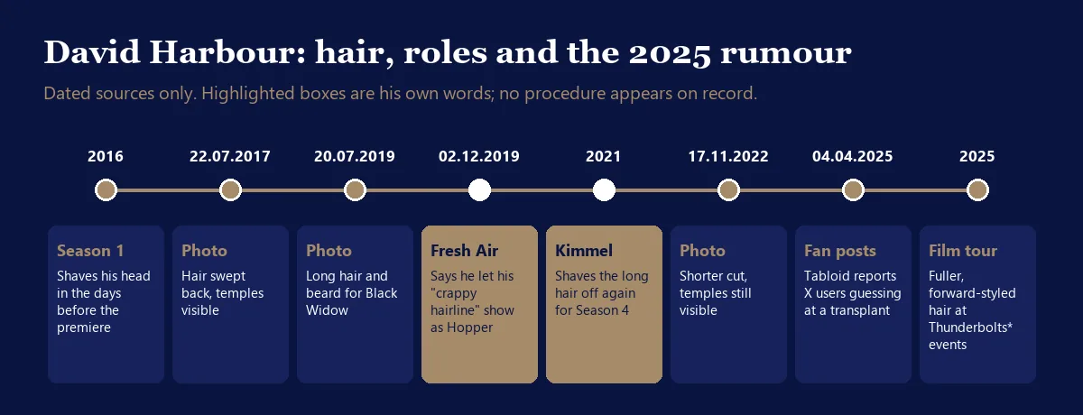 David Harbour hairline timeline with roles, statements and the 2025 rumour