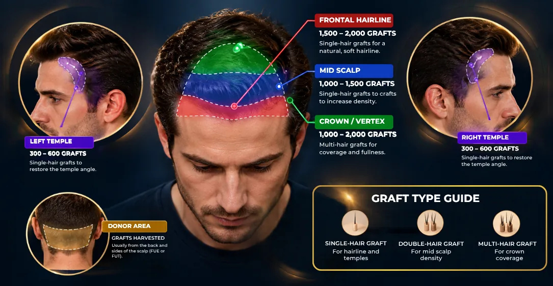 Hypothetical graft map for patient education showing hairline, mid-scalp, crown, temple and donor zones; not Bradley Cooper's treatment plan
