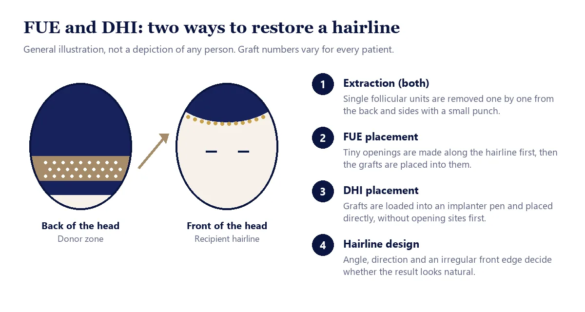 FUE and DHI hairline restoration diagram showing grafts moved from the donor area to the front hairline