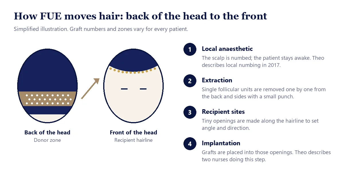 FUE diagram showing grafts taken from the donor zone at the back of the head and placed along the front hairline