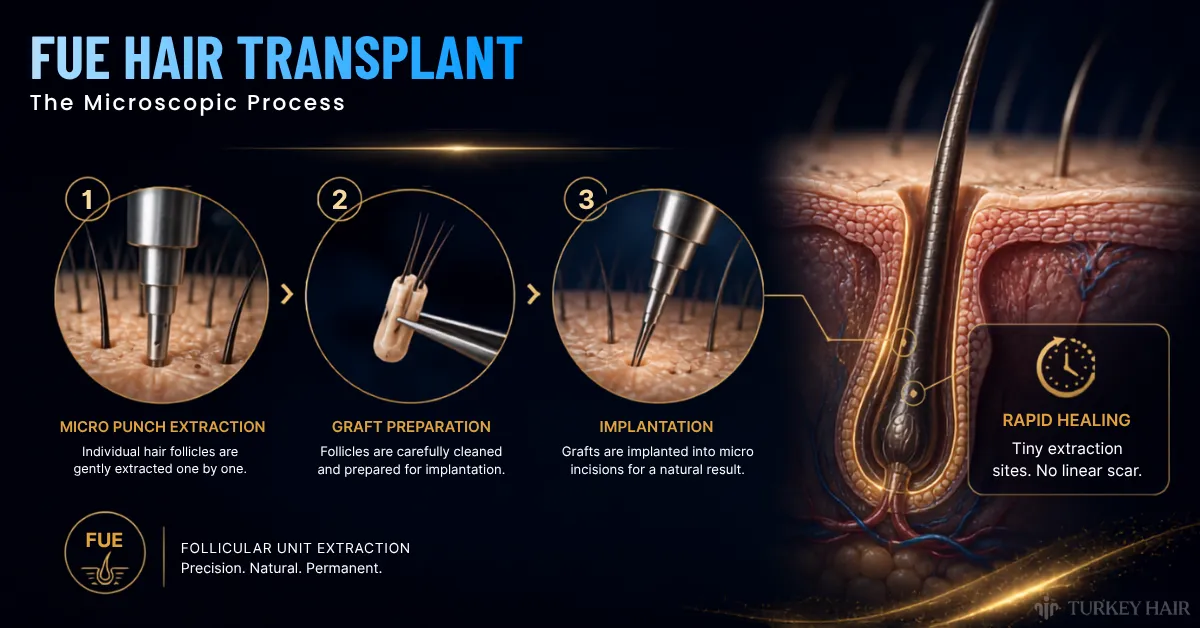 FUE hair transplant, hair transplant technique, follicular unit extraction, hair graft extraction, FUE procedure, Turkey Hair Center