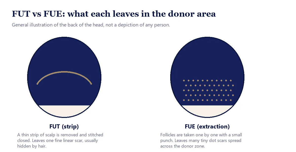 FUT vs FUE donor area diagram showing a linear strip scar compared with scattered dot scars