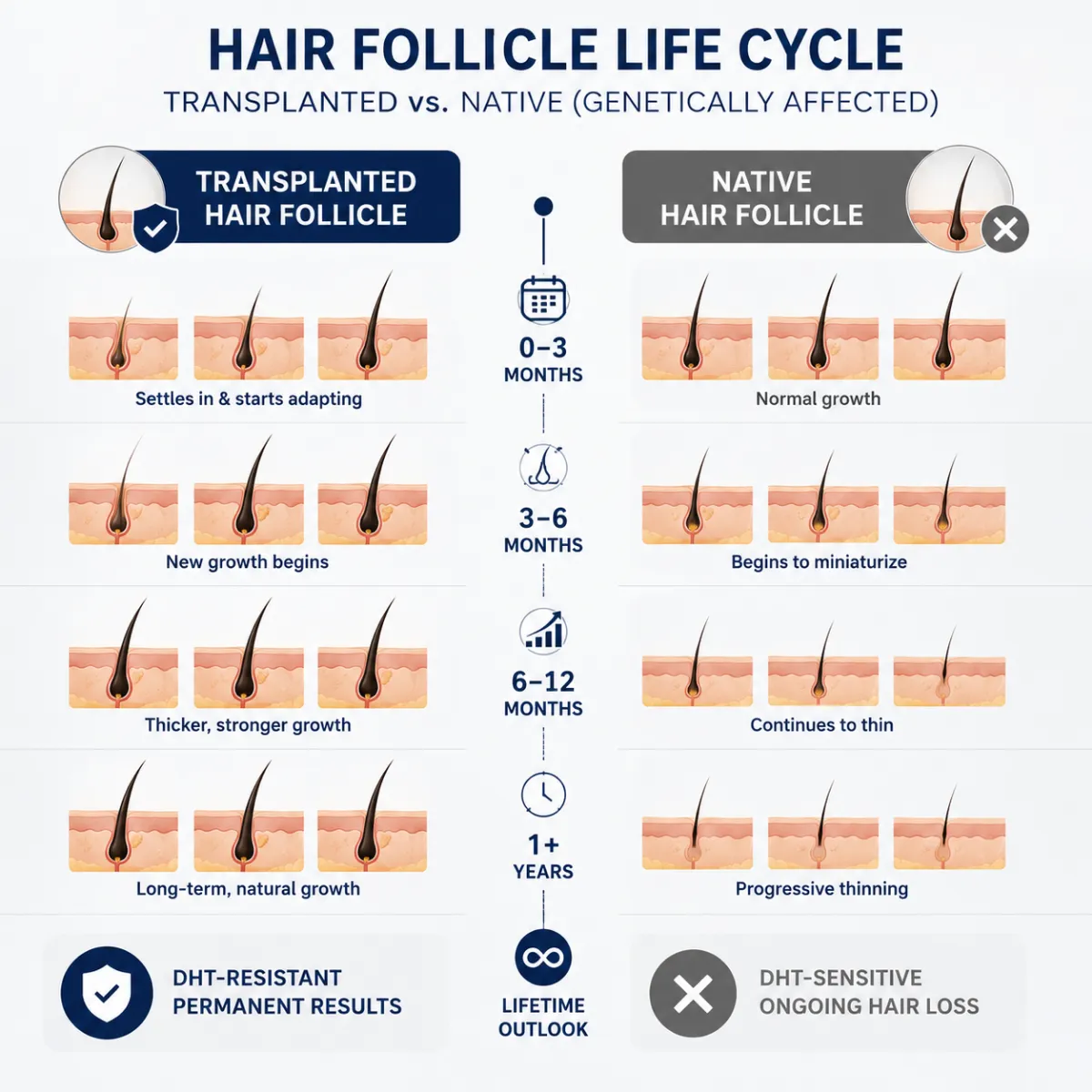 cycle de vie du follicule pileux, croissance des cheveux transplantés, amincissement des cheveux natifs, calendrier de la greffe de cheveux, perte de cheveux génétique