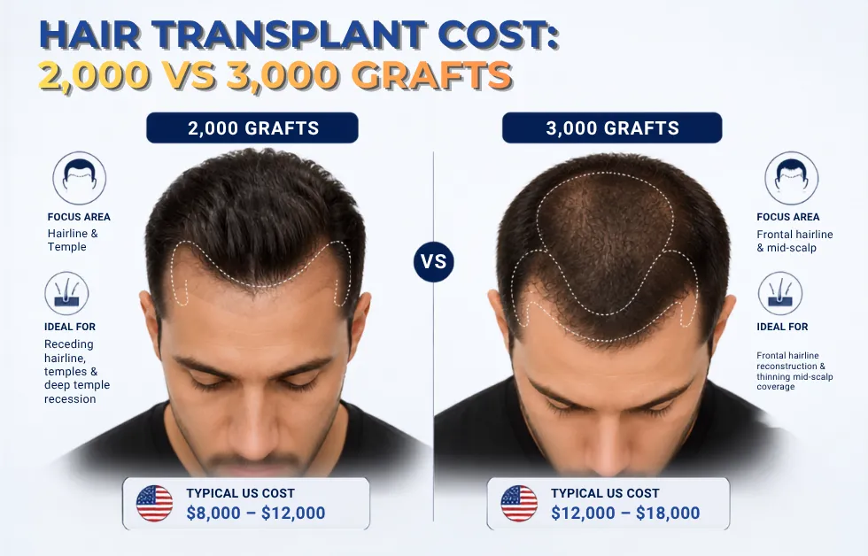 hair implants cost, 2000 grafts hair transplant, 5000 grafts hair transplant, graft cost comparison, hair transplant graft pricing