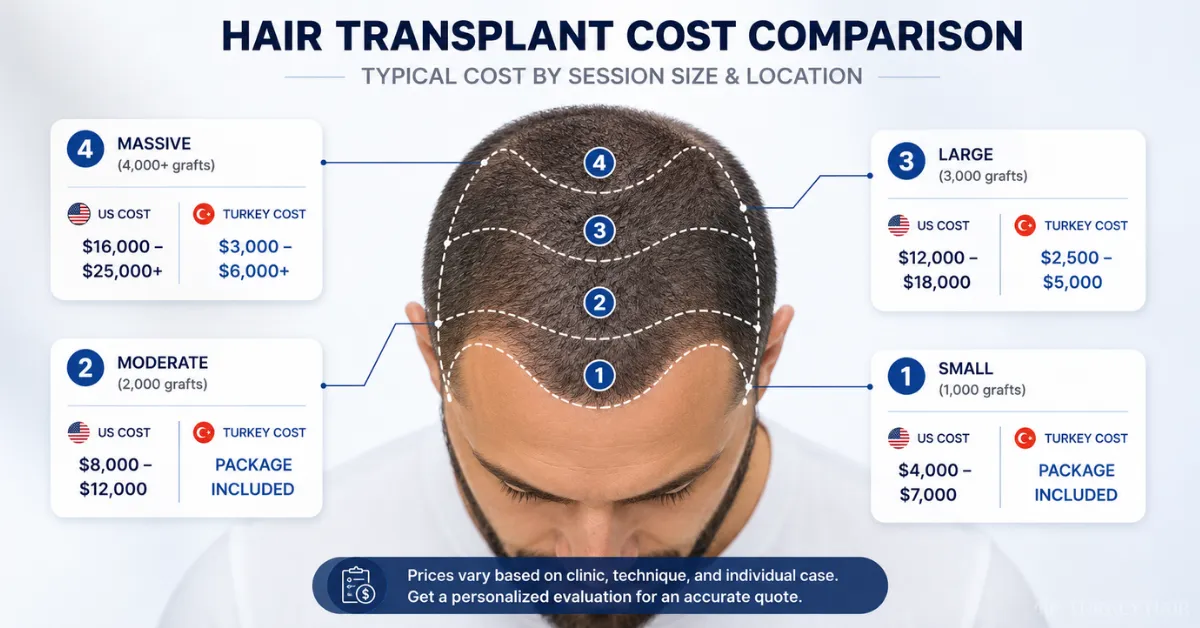 hair transplant cost comparison, hair implants cost, USA vs Turkey hair transplant, hair restoration pricing, hair transplant price guide