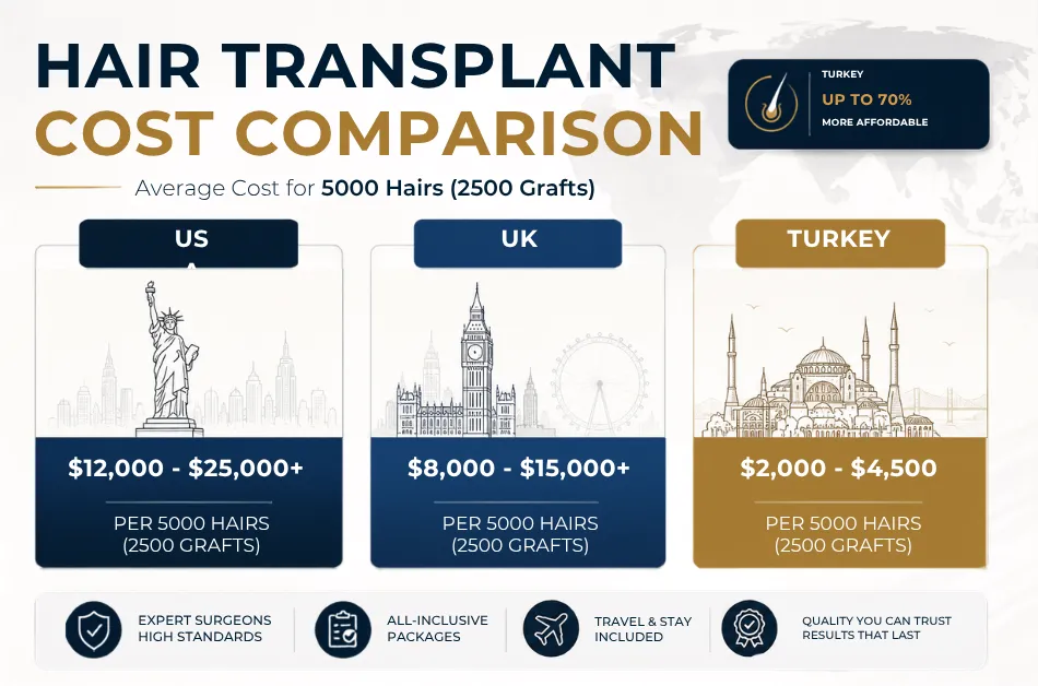 hair transplant cost comparison, Turkey vs USA hair transplant cost, Turkey vs UK hair transplant cost, hair transplant cost abroad, hair transplant prices comparison, affordable hair transplant destination