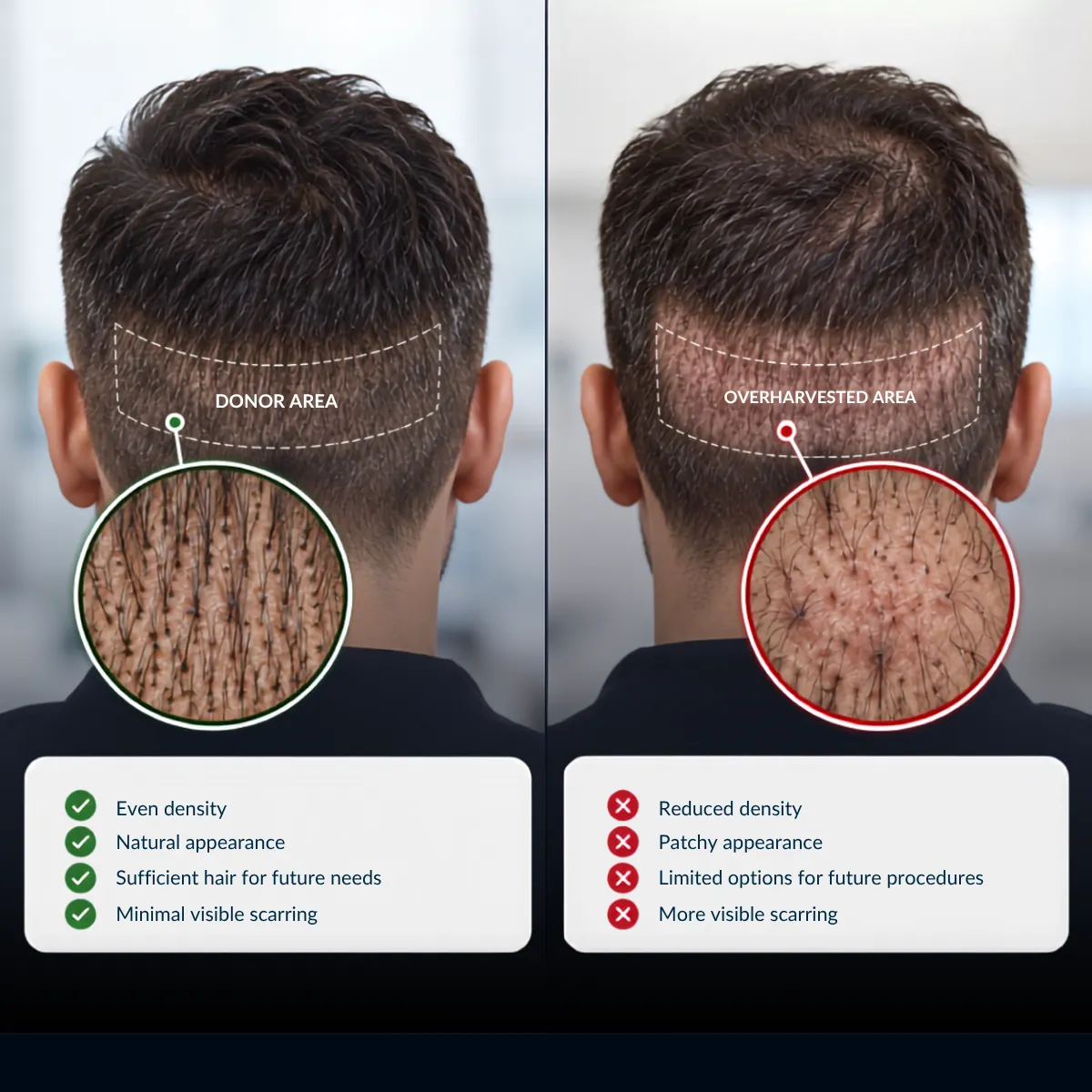 zone donneuse de greffe de cheveux, analyse de la zone donneuse, avant après greffe de cheveux, guérison de la zone donneuse, extraction de greffe de cheveux