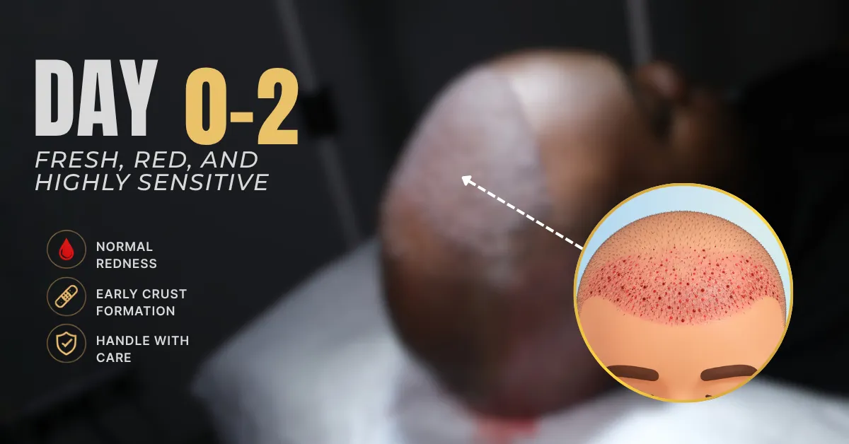 Hair transplant day 0, hair transplant day 1, hair transplant day 2, early hair transplant scabs