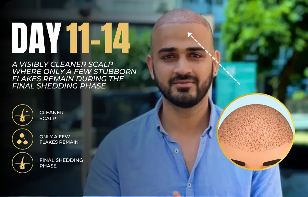 Hair transplant day 11, hair transplant day 14, late-stage hair transplant scabs, hair transplant recovery