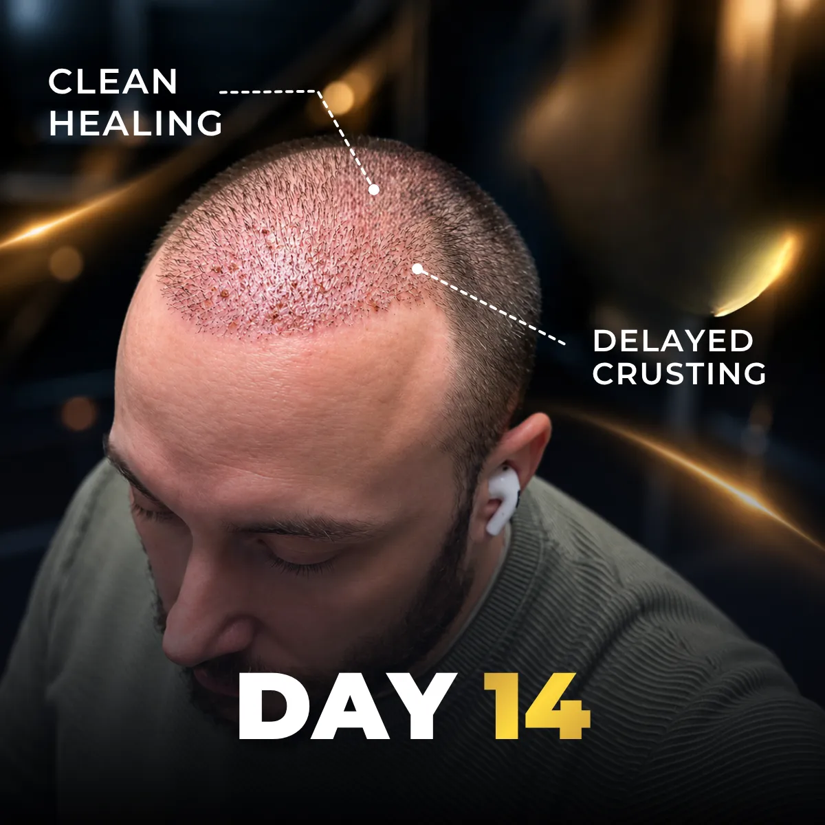 Hair transplant day 14 healing, hair transplant scabs day 14, hair transplant recovery day 14, hair transplant healing process