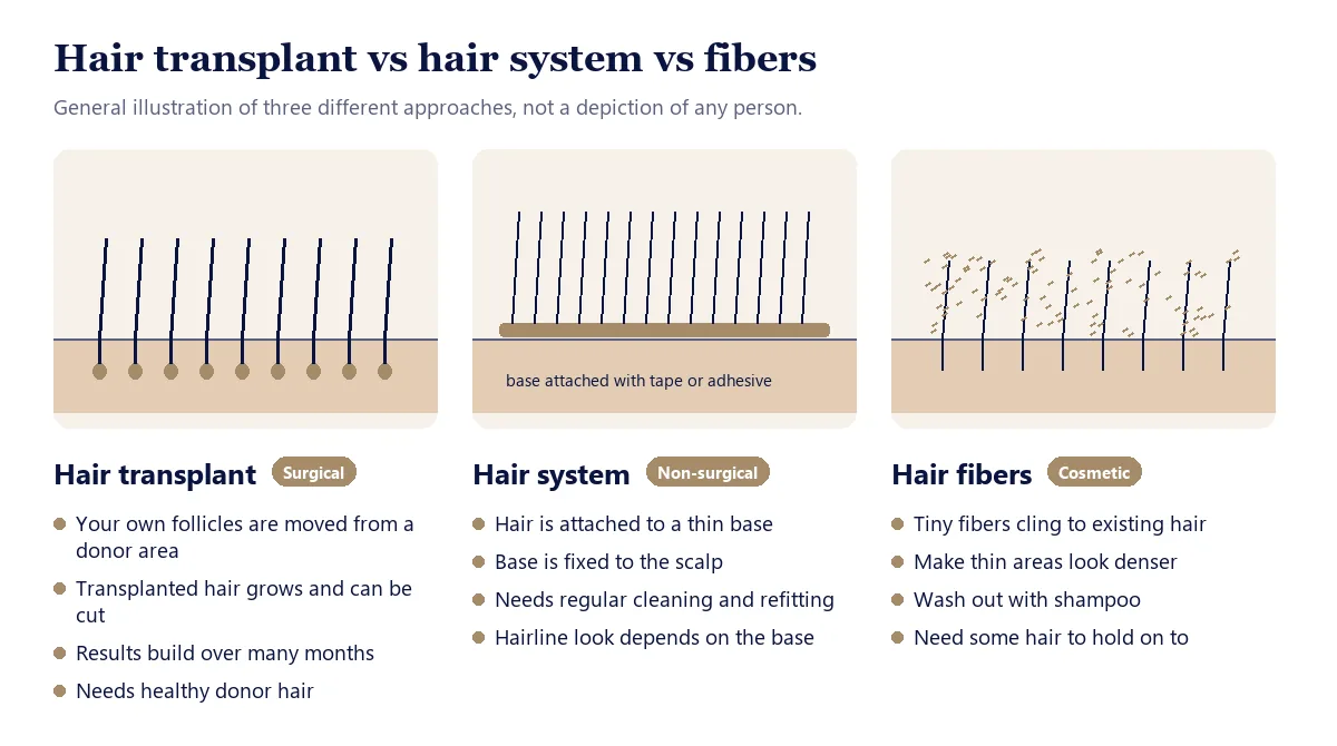 Hair transplant vs hair system vs hair fibers explained in a three-column illustration