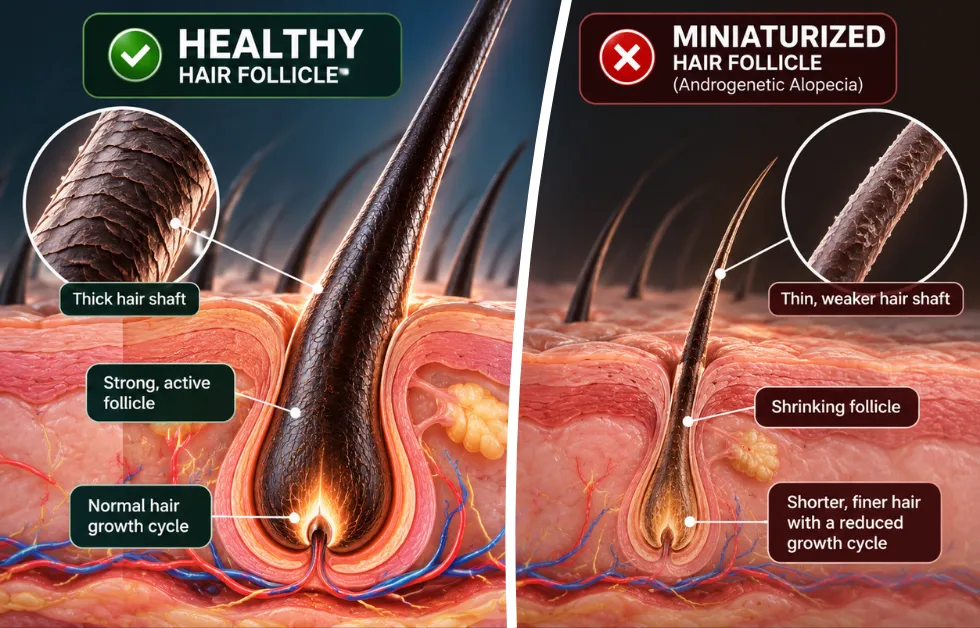 healthy hair follicle, miniaturized hair, hair follicle structure, hair thinning comparison