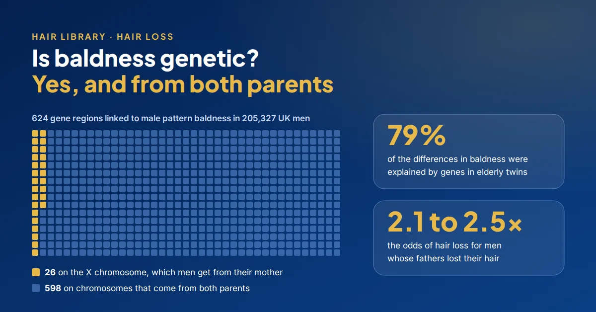 Diagram: of 624 gene regions linked to male pattern baldness in 205,327 UK men, 26 sit on the X chromosome men get from their mother and 598 on chromosomes from both parents