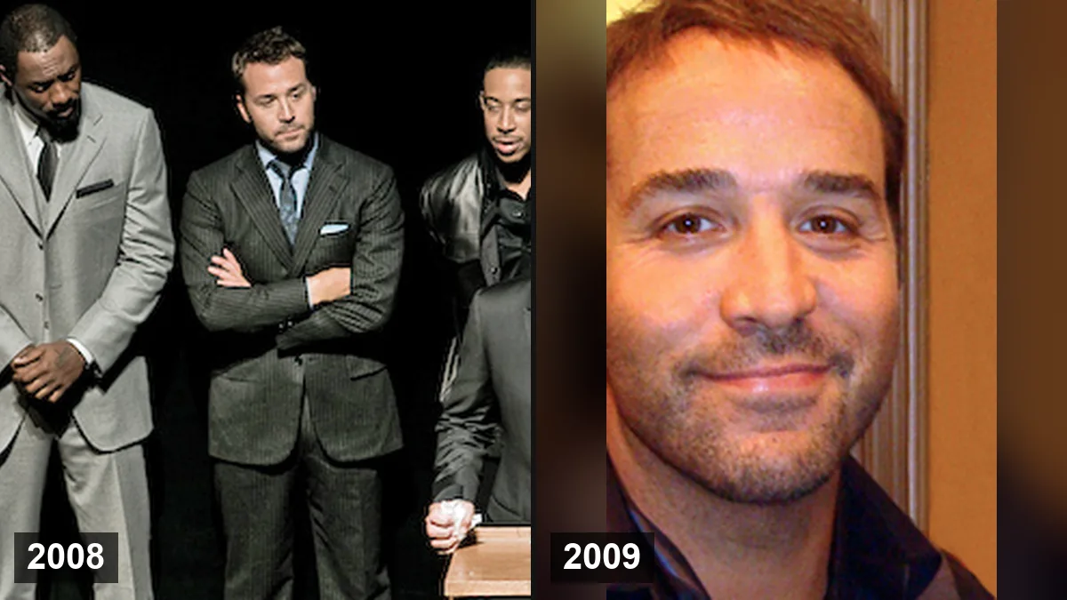 Jeremy Piven en 2008 avec l'équipe de RocknRolla (à gauche) et en 2009 (à droite)