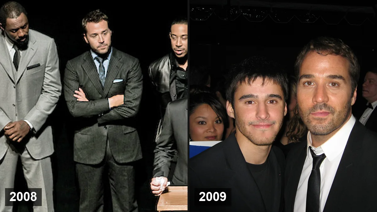 Jeremy Piven en 2008 avec l'équipe de RocknRolla (à gauche) et en 2009 avec Josh Wood (à droite)