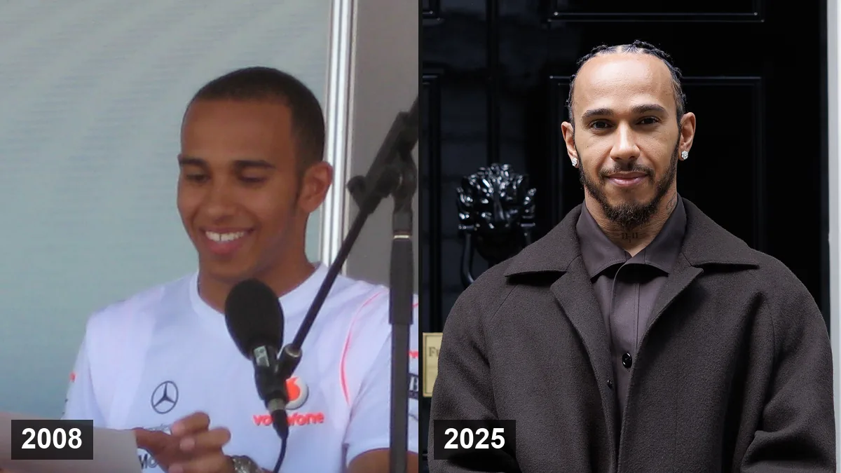 Lewis Hamilton in 2008 (left) and 2025 (right)