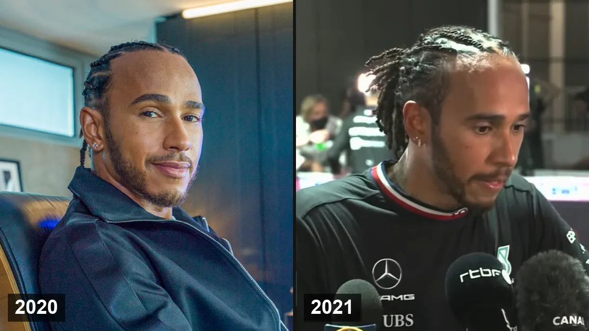 Lewis Hamilton avec des tresses en 2020 (à gauche) et en 2021 (à droite)