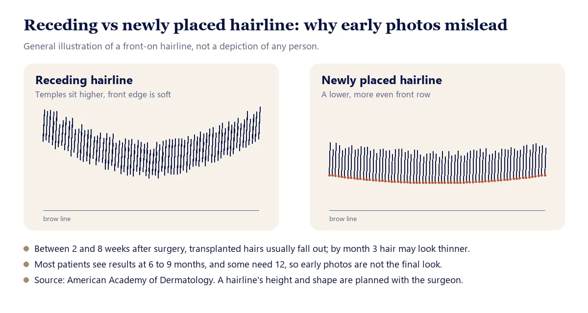 Receding hairline compared with a newly placed hairline that sits lower and looks more even