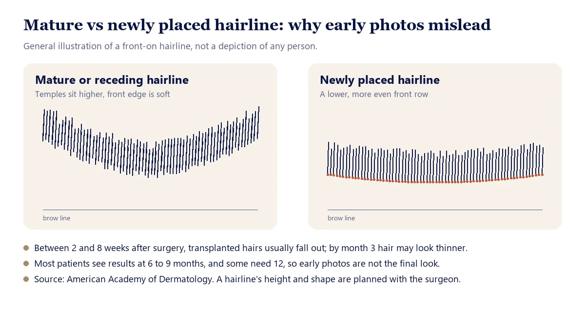 Mature or receding hairline compared with a newly placed hairline that looks lower and more even in early photos
