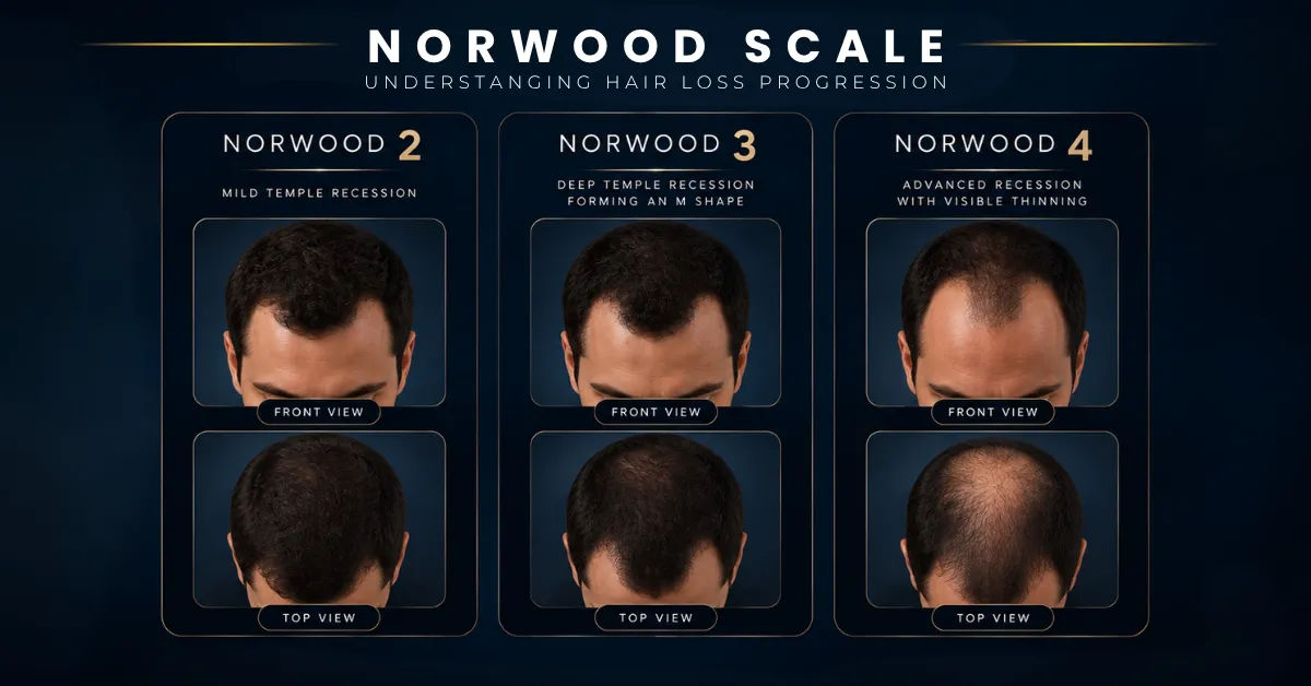 Norwood Hair Loss Stages, Norwood 3 Comparison, Male Pattern Baldness, Hairline Recession
