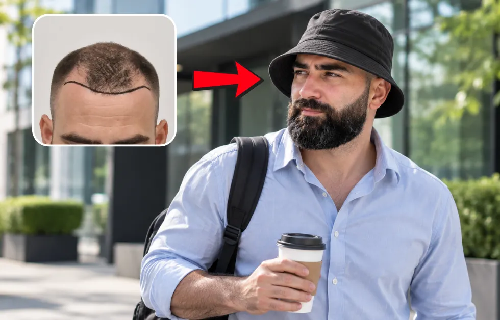 wearing hat after hair transplant, return to work hair transplant, hide hair transplant, hair transplant recovery tips