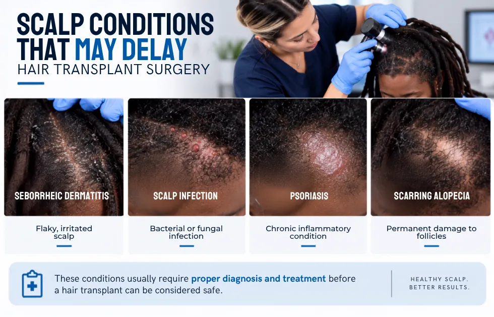 scalp conditions hair transplant, hair transplant delay, scalp disease before transplant, hair transplant candidacy