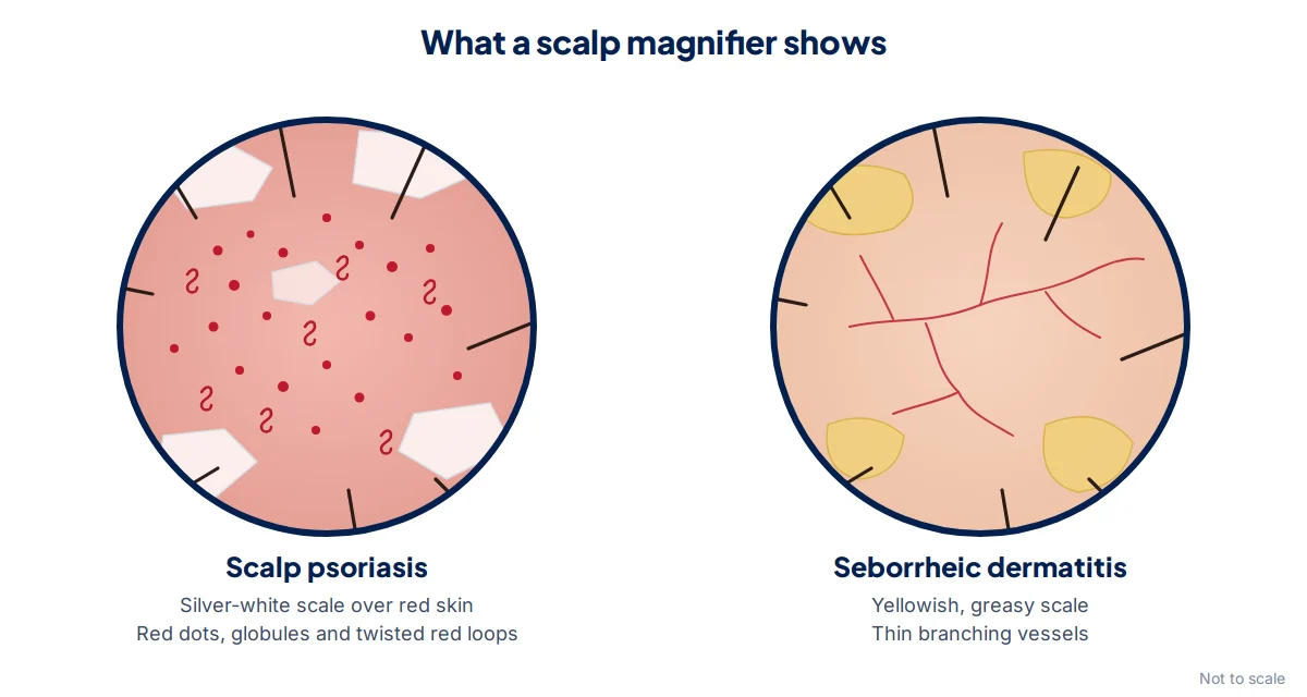 Diagram comparing trichoscopy of scalp psoriasis, with red dots and twisted loops under silver-white scale, and seborrheic dermatitis, with thin branching vessels under yellowish scale
