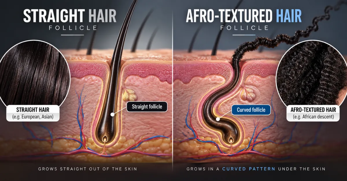 straight hair vs Afro hair, Afro textured hair transplant, curly hair transplant, follicle angle hair transplant