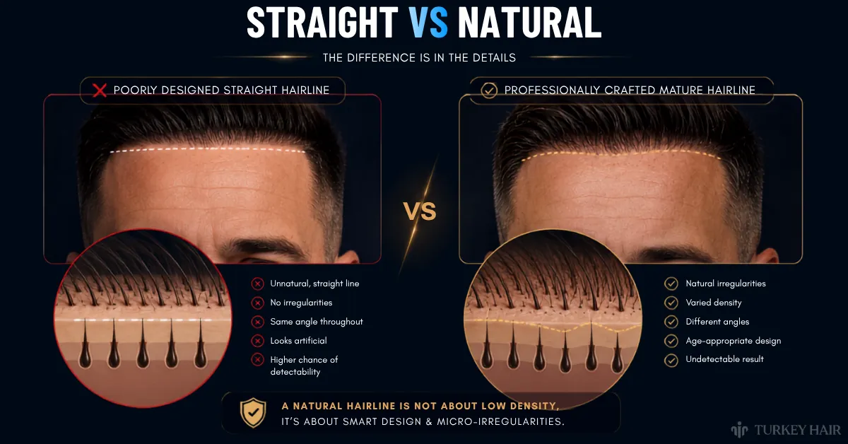 straight hairline transplant, natural hairline design, hairline transplant analysis, unnatural hairline risk, hair transplant planning, frontal hairline restoration