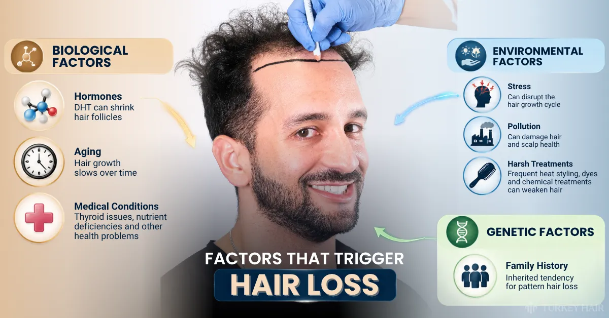 triggers for hair loss, biological hair factors, environmental hair loss causes, genetic hair loss triggers